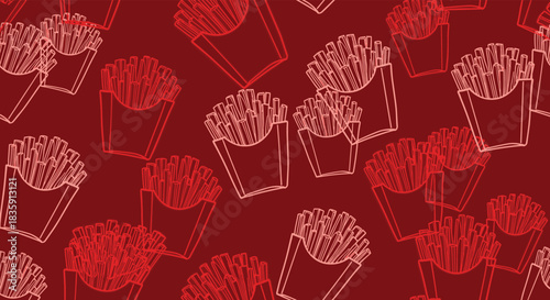A festive pattern of french fries scattered across a deep red background.