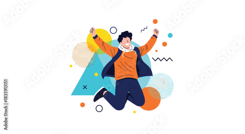 A young man is joyfully jumping in the air surrounded by abstract geometric shapes and vibrant colors.