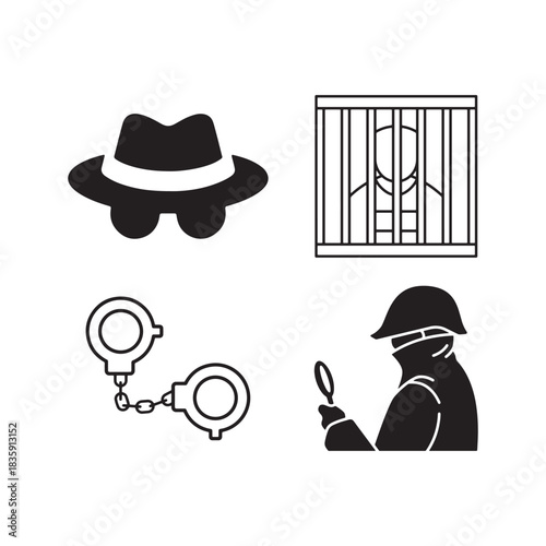 Crime and investigation icons representing detective prisoner handcuffs and spy hat