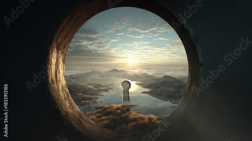 Keyhole view of sunlit landscape, [success opportunity], [concept of visualizing and unlocking potential]
