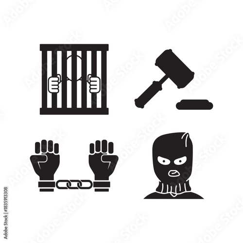 Justice system icons representing crime punishment law and imprisonment