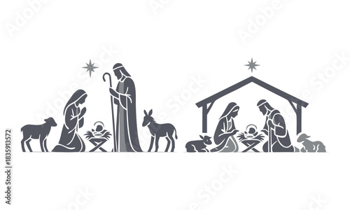 Minimal nativity scene grey vector illustration, easily editable.