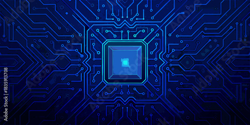 Blue futuristic circuit board with central processor unit illustration