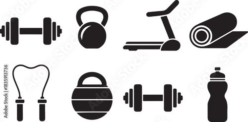 Fitness equipment icons in minimalist silhouette style for gym and exercise themes