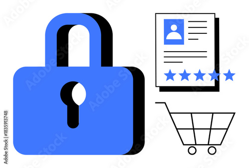 Padlock representing data security, user profile with star ratings, and shopping cart icon for privacy, trust, and e-commerce. Ideal for online safety, data protection, cybersecurity, reviews