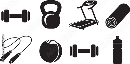 Fitness equipment icons in minimalist silhouette style for gym and exercise themes