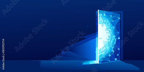 Open doorway with light and abstract network connection in blue tones