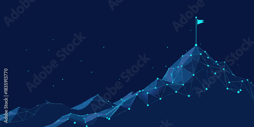 Abstract low poly mountain with flag on top in blue