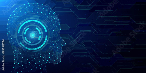 Digital human head with artificial intelligence and circuit board background