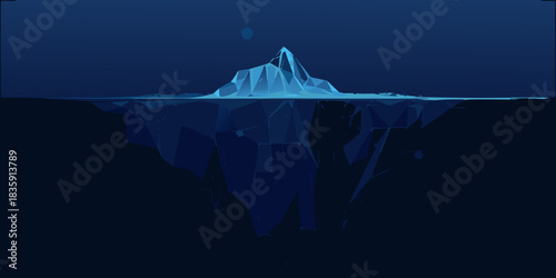 Low poly iceberg illustration with submerged section and dark blue background