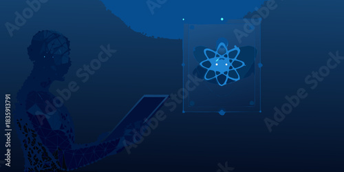 Abstract person using tablet with digital art on screen in blue