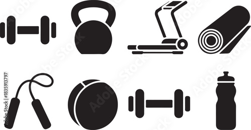 Fitness equipment icons in minimalist silhouette style for gym and exercise themes