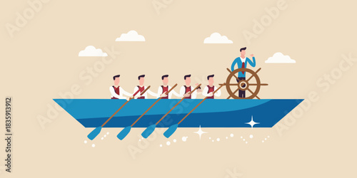 Teamwork and leadership concept rowing team with leader at the helm