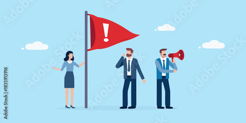 Business team with red flag warning and megaphone announcing danger