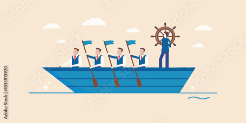 Teamwork and leadership business professionals rowing a boat together with a leader