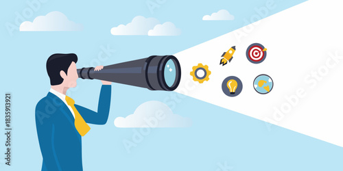 Businessman looking through telescope at goals and opportunities in the future