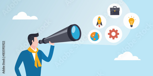 Businessman looking through telescope for future opportunities and business growth strategy