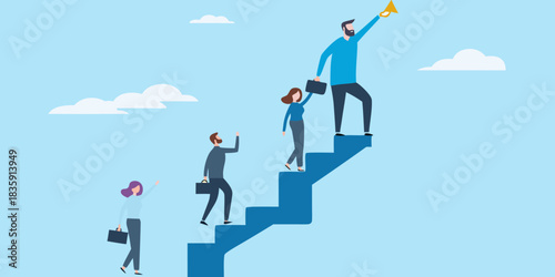 Business team climbing stairs to success with leadership and motivation
