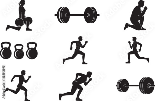 Fitness training icons set with gym workout silhouettes, weightlifting, running, kettlebell, barbell, and exercise illustrations for health, sports, and active lifestyle designs