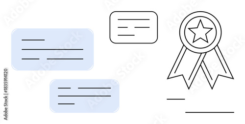 Achievement, communication, professional recognition, documentation, certification, awards. A star ribbon beside text boxes. Achievement and professional recognition concept