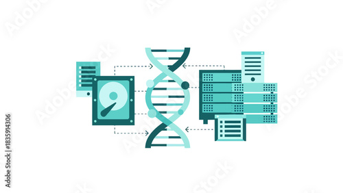 Modern DNA sequencing with hard drives and servers connecting data, genomics research and development, healthcare innovation and technology solutions