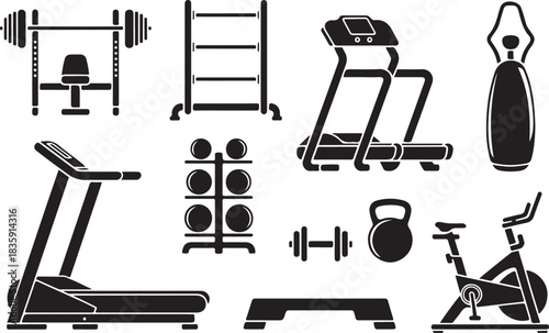 Gym equipment icon set including fitness machines, weights, benches, treadmills, and exercise tools in black silhouette vector style