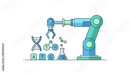 Innovative robot arm manipulating DNA and molecules for groundbreaking scientific research in a modern lab, paving the way for biotechnology advancements