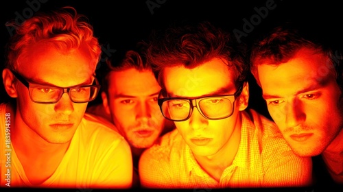 Group of Young Men Watching Screen with Intense Focus in Dark Room