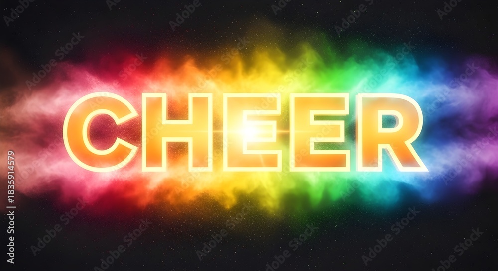 Obraz premium Cheer text with vibrant rainbow smoke explosion and bright light effect