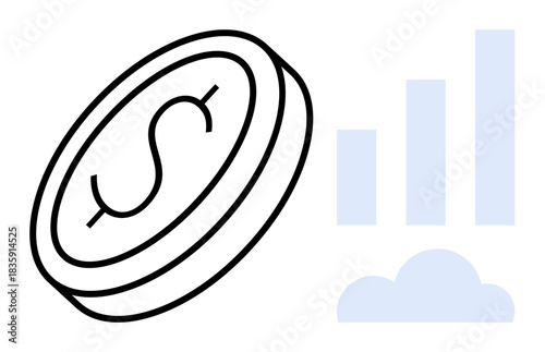 Financial growth. Coin with dollar symbol, bar chart, and cloud outline emphasizing financial growth. Financial growth for digital banking, business analytics, fintech, investment, business planning