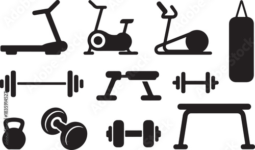 Gym equipment silhouette exercise workout accessories isolated set. Vector flat graphic design illustration