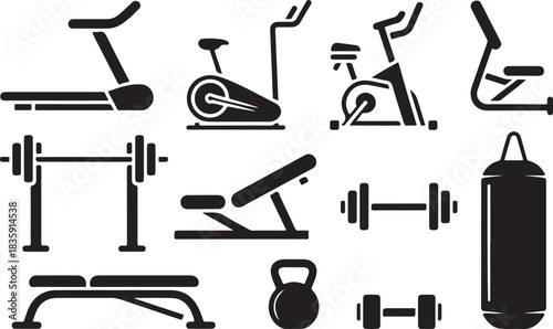 Gym equipment silhouette exercise workout accessories isolated set. Vector flat graphic design illustration