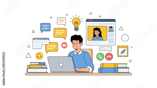 Comprehensive Flat Vector Composition of Online Learning Featuring Laptop Screen with Teacher, Study Tools, UI Elements, and Modern Digital Icons