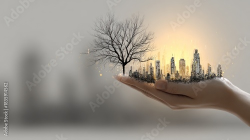Hand Holding Cityscape and Tree with Sunset Light in Digital Illustration