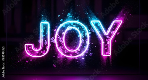 Neon sign spelling 'joy' with vibrant pink and blue glow effect.