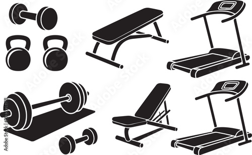 Gym equipment silhouettes, fitness icons, workout gear, strength training, cardio exercise, dumbbells, kettlebells, treadmill, weight bench, barbell, vector illustration 