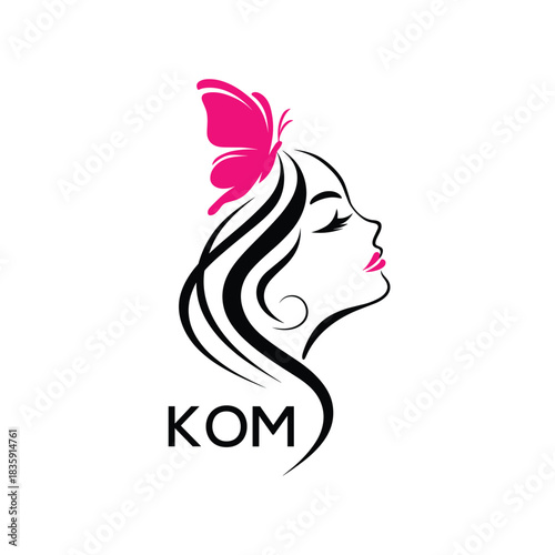 KOM Elegant Woman Beauty Logo. KOM Butterfly Feminine Salon, Cosmetics. KOM Spa Brand Icon.
