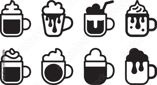 Hot chocolate simple vector icon set. christmas silhouette icons on black color and white background. 