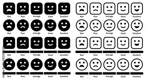 Black and white rating emoji icons representing bad to excellent feedback levels. Vector illustration. Flat design.