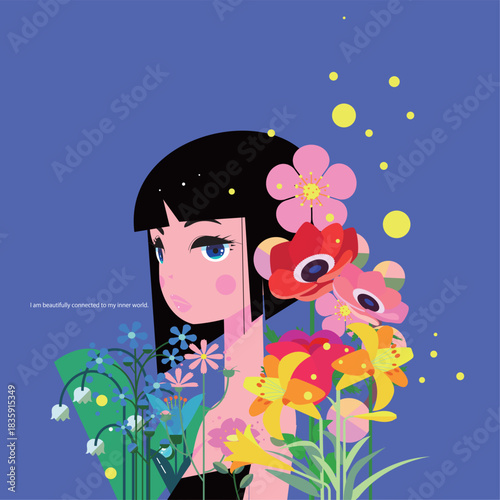 黒髪の少女が、色とりどりの花々に囲まれて立っています。