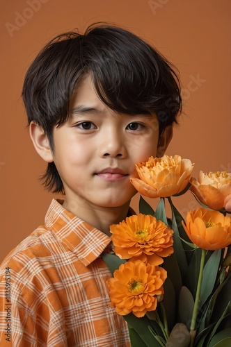 Portrait of Japanese boy plain orange background, cute boy holding a bouquet of flowers