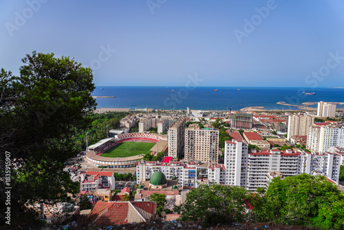 Alger the capital city of Algeria, North Africa, city centre of Algiers, the capital of Algeria, Landscape of Algiers city With port and mediterranean sea and white buildings, Arab Maghreb Africa.