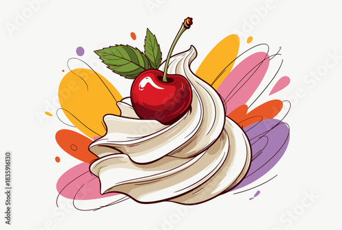 A vibrant illustration of a swirl of whipped cream topped with a fresh red cherry and a green mint leaf, set against a colorful abstract background.