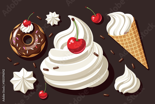 A vibrant illustration of various sweet desserts including a chocolate donut, soft serve ice cream, and whipped cream swirls with cherries and sprinkles.