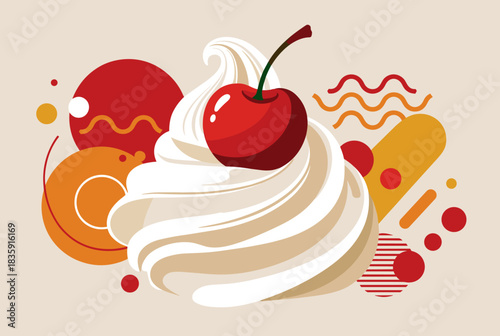 Stylized illustration of whipped cream with a red cherry on top, surrounded by abstract geometric shapes.