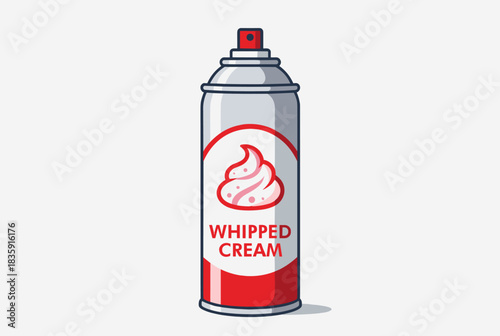 A cartoon illustration of a red and white aerosol can of whipped cream with a swirl icon, ready to dispense.