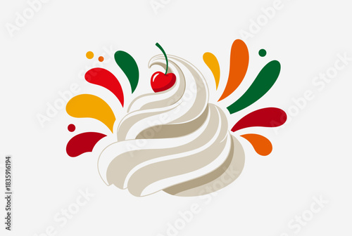 A vibrant illustration of a swirl of whipped cream topped with a red cherry, surrounded by colorful abstract splashes in red, orange, yellow, and green.