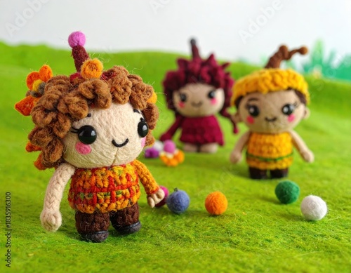 Handmade dolls playing on green surface