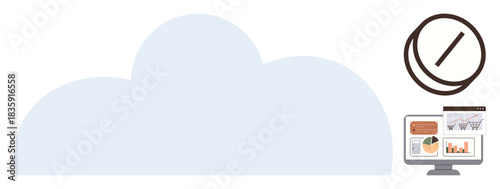 Large cloud shape, computer with analytics charts, clock icon for time management. Ideal for cloud technology, data storage, teamwork, time management, productivity, digital tools simple flat