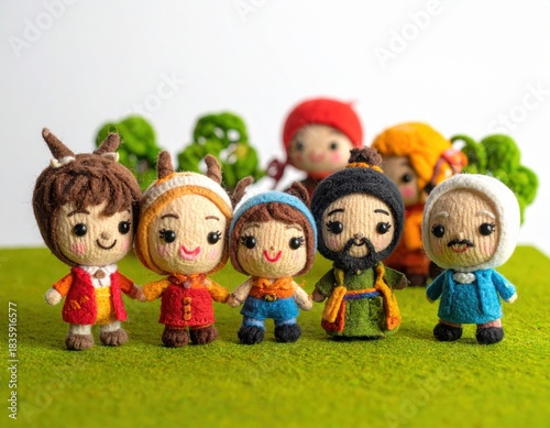 Handmade felt characters group scene